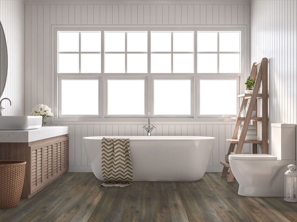 MSI Surfaces 100% waterproof hardwood installed in a bathroom.